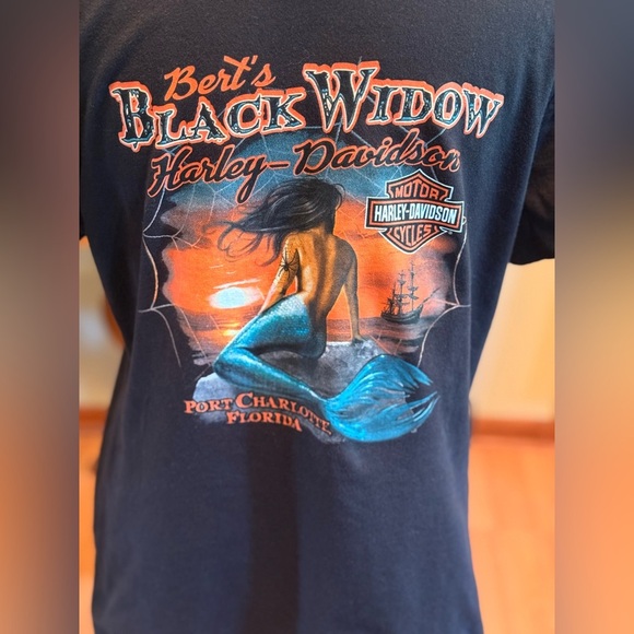 Harley Davidson Bert’s Black Widow Blue print on Black Tee Size Large - Picture 5 of 14